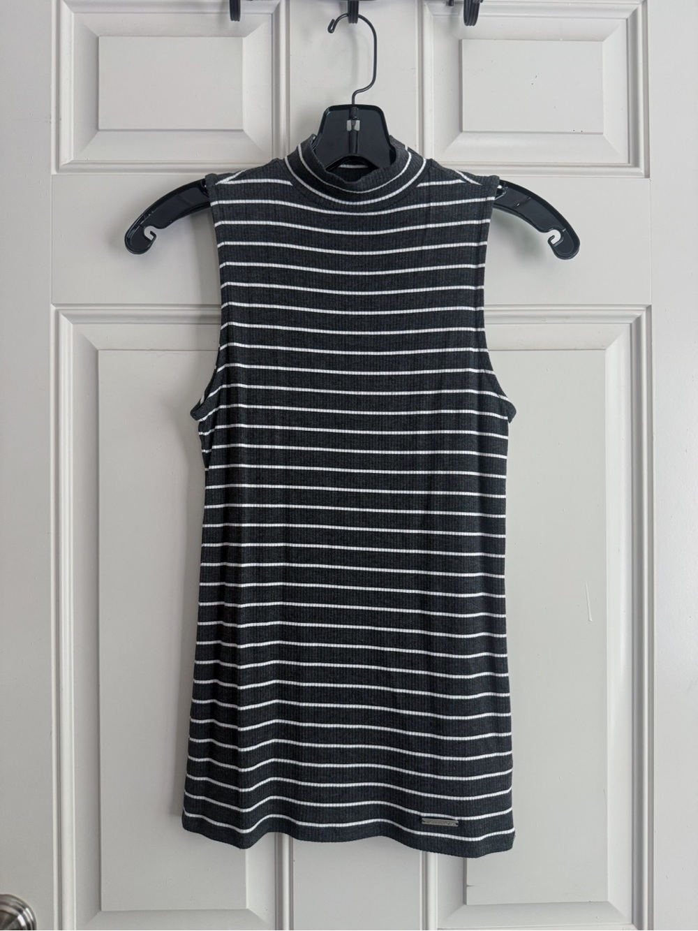 Michael Kors Black and White Striped Sleeveless Mock Neck Top